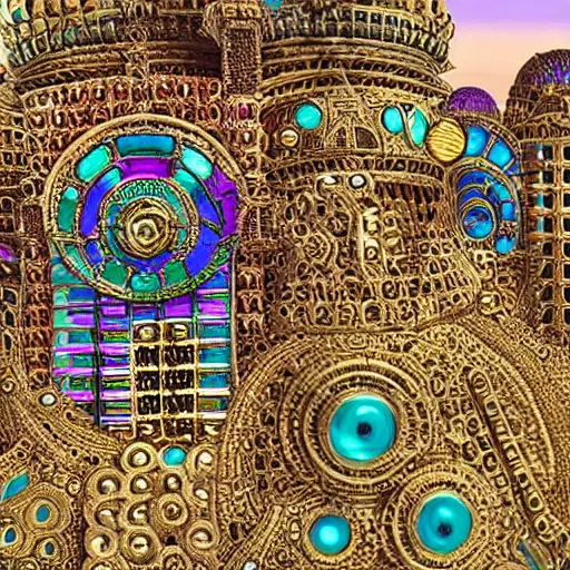 Image similar to colossal steampunk city made of iridescent beetle carapace, ancient middle eastern architecture