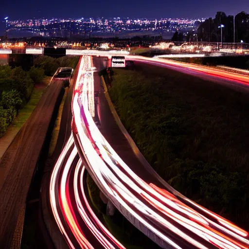 Prompt: dslr photo freeway photo at night, dragonflies replace the cars, very high quality lights, intricate details, extremely high quality, moody lighting, real camera, real photo, slow - shutter, 8 k, full subject in shot