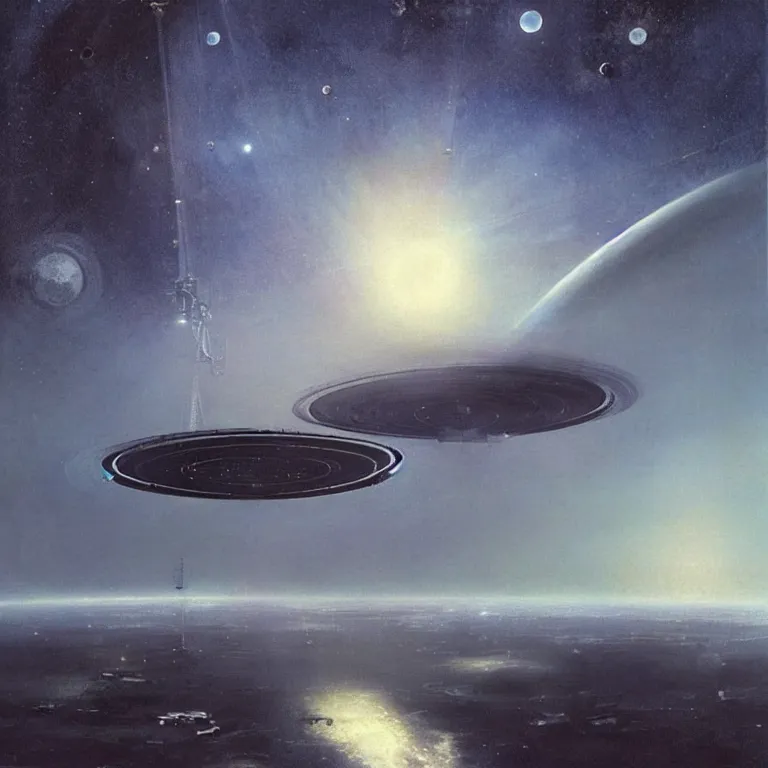 Image similar to “long umbrella space stations above a wispy hazy cloudy atmosphere of the planet Venus against a dark starry sky, space elevator, radio antenna, sci-fi concept art, by John Harris, by John Berkey, 8k beautiful image, highly detailed painting”