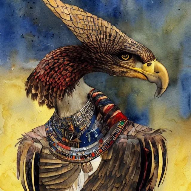 Prompt: expresionistic watercolor of Horus the falcon headed egyptian god, by Enki Bilal, by Dave McKean, ,by Peter Mohrbacher