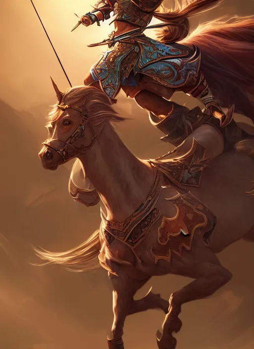 Image similar to a highly detailed illustration of fierce mongol warrior princess riding horse, heroic wielding bow pose, intricate, elegant, highly detailed, centered, digital painting, artstation, concept art, smooth, sharp focus, league of legends concept art, wlop.