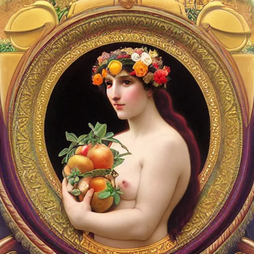 Prompt: beautiful oil painting of the goddess Aphrodite hugging a swan, ornate golden halo around her head, colourful apples, roses, and plants, golden ratio, by John William Godward and Anna Dittman and Alphonse Mucha, H 640