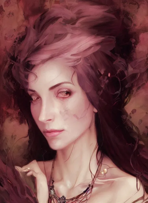 Prompt: character concept portrait of an attractive young focused Spanish witch with pale pink skin and a crystal necklace enchanting a glowing seduction spell, a floating glowing spell book in the center, intricate, elegant, digital painting, concept art, smooth, sharp focus, illustration, from Metal Gear, by Ruan Jia and Mandy Jurgens and William-Adolphe Bouguereau, Artgerm