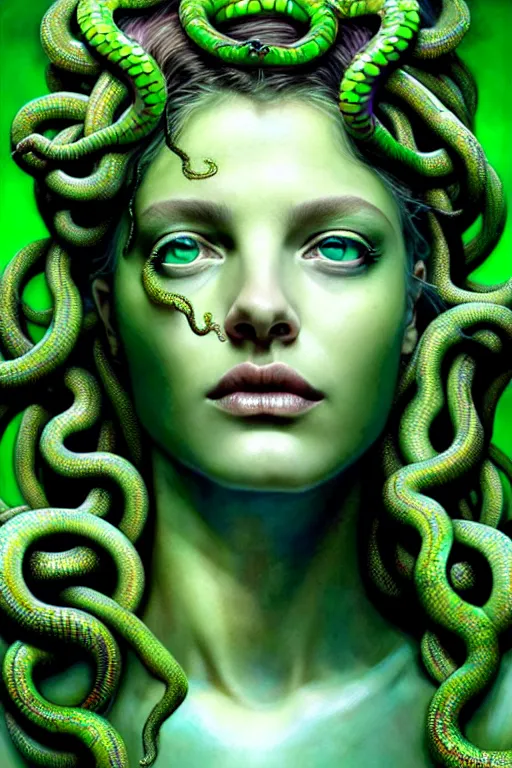 Image similar to hyperrealistic mixed media painting of Medusa, green scaley serpents in her hair, full body, stunning 3d render inspired art by P. Craig Russell and Barry Windsor-Smith + perfect facial symmetry + dim volumetric lighting, 8k octane beautifully detailed render, post-processing, extremely hyperdetailed, intricate, epic composition, grim yet sparkling atmosphere, cinematic lighting + masterpiece, trending on artstation, very very detailed, masterpiece, stunning