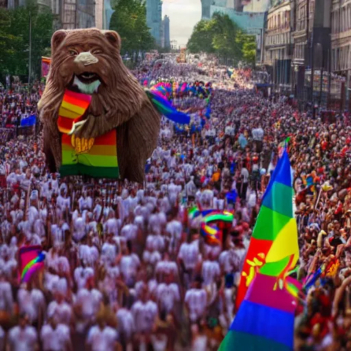 Image similar to putin in a pride parade lifted by large hairy men, film still, photography, high detail, 8 k, 4 k, focused