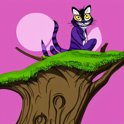 Prompt: the Cheshire cat from Alice in Wonderland sitting on a tree branch, huge head tiny body, vector graphics with clean lines