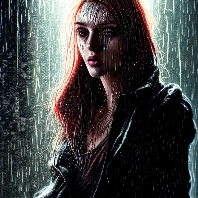 Image similar to bright portrait backlit rain on face and wet hair, cyberpunk, overhead lighting, fantasy, intricate, elegant, dramatic lighting, highly detailed, lifelike, photorealistic, digital painting, artstation, illustration, concept art, smooth, sharp focus, art by John Collier and Albert Aublet and Krenz Cushart and Artem Demura and Alphonse Mucha