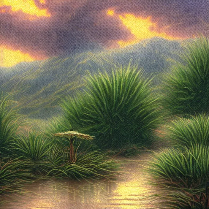 Prompt: hyper realistic, high detail photo of yucca flats, monsoon, thomas kinkade style painting, beautiful, dreary lighting