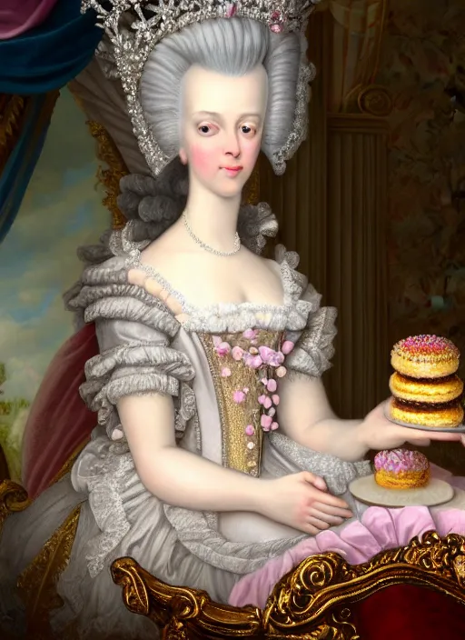 Image similar to highly detailed closeup, simple hand gestures, straight fingers, portrait of marie antoinette wearing a crown and sitting on a throne eating cakes, unreal engine, nicoletta ceccoli, mark ryden, earl norem, lostfish, global illumination, god rays, detailed and intricate environment