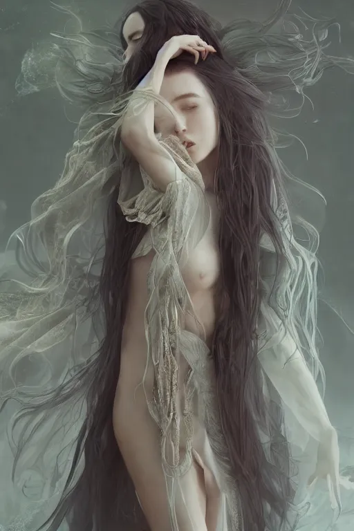 Image similar to a beautiful sorceress leaning with elegant looks, flowing robe, ornate and flowing, intricate and soft by miho hirano, ruan jia, yoshitaka amano, wlop, vray render, artstation, deviantart, pinterest, 5 0 0 px models