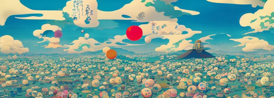 Image similar to kyoto with a beautiful cloudy sky above by takashi murakami, beeple and james jean, aya takano color style, 4 k, super detailed, modern, 4 k, symmetrical