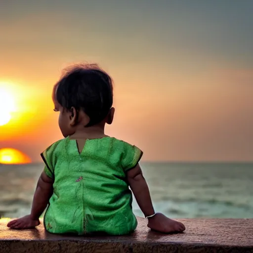 Prompt: a young baby girl sitting in mumbai watching the sunset