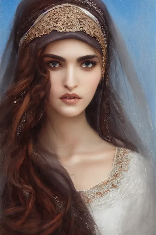 Image similar to brown ameera al taweel, bright blue eyes, long wavy black hair, white veil, front closeup, cinnamon #b57e59 skin color, elegant, highly detailed, centered, oil painting, artstation, concept art by tom bagshaw