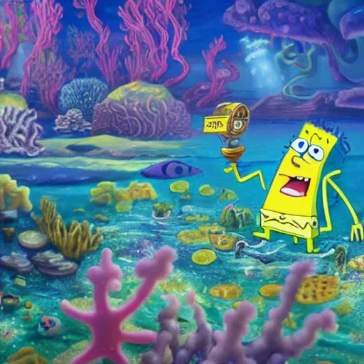 Prompt: spongebob squarepants and squidward smoke weed under the sea, extremely detailed oil painting, high clarity, highly detailed, abstract, deep aesthetic, 8 k, highly ornate intricate details, cinematic lighting, rich colors, digital artwork, beautiful scenic view, ray tracing, hyperrealistic, photorealistic, cinematic landscape, trending on artstation, concept art,