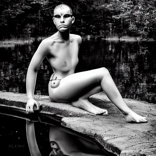 Prompt: portrait of a stunning female cyborg, ex machina, sitting in a pond, in the style of sally mann, photograph, black and white