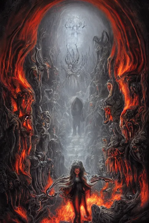 Image similar to Lost souls entering the gates of hell, fire, cheeky devil, eerie, sinister, horror, illustrated byAdrien Borda and H R Giger and Anne Stokes, 4k, 8k