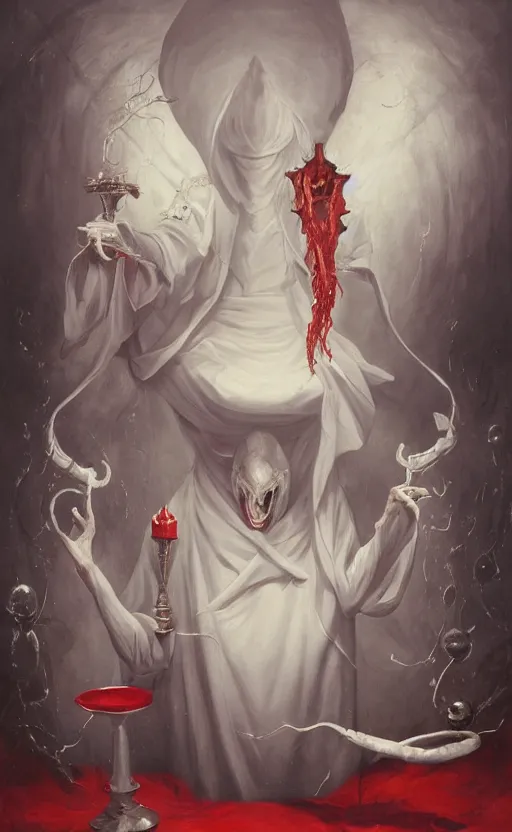Prompt: a painting of a white robed magician behind a table, hands gesture as above so below, red mantle cup, sword, pentacle, wand, a surrealist painting by marco mazzoni, peter mohrbacher, nychos, cgsociety, neo - figurative, detailed painting, rococo, oil on canvas, seapunk, biomorphic, lovecraftian