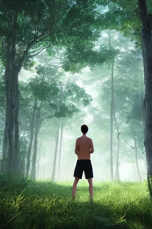 Image similar to young man with wavy back shoulder length hair, plain cotton shorts, back view, trees, detailed forest background, webtoon, breathtaking scenery, colourful, 8 k, graphic novel, digital art trending on artstation, volumetric lighting, octane render, cinematic, hyper detailed, magical atmosphere