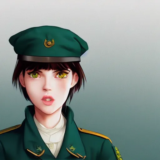 Image similar to portrait bust of young woman with long light brown hair and hazel eyes dressed in a sharp dark teal military uniform with beret, smiling, ilya kuvshinov, anime, loish, ross tran