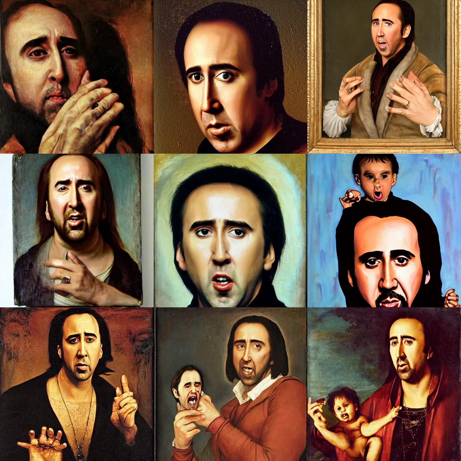 Image similar to renaissance oil portrait of the extremely attractive nicolas cage holding in his hands a smaller version of screaming nicolas cage, highly detailed