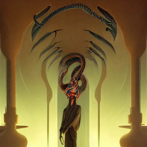 Image similar to portrait of tall, long-necked lipless mutant with scaled face and serpent eyes wearing gauze toga and standing in cyberpunk art deco mosque, alien bestiary by Barlowe, Greg Rutkowski, and Yoshitaka Amano