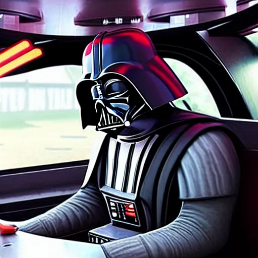 Image similar to Darth Vader having a undulating wildly about his custom order being wrong at Wendy's drive-through, sitting in his TIE FIGHTER.