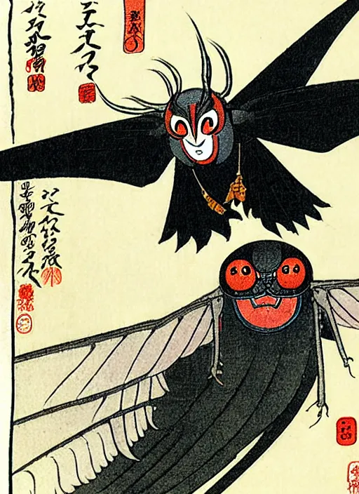 Image similar to mothman as a yokai illustrated by kawanabe kyosai and toriyama sekien