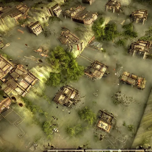 Image similar to a beautiful overhead view of silent hill rts, unreal, ultra detailed