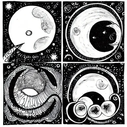 Prompt: phases of the moon wall hanging, astrology witchy whimsical illustration, black and white ink drawing