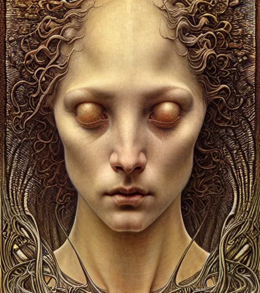 Image similar to detailed realistic beautiful young medieval alien face portrait by jean delville, gustave dore and marco mazzoni, art nouveau, symbolist, visionary, gothic, pre - raphaelite. horizontal symmetry by zdzisław beksinski, iris van herpen, raymond swanland and alphonse mucha. highly detailed, hyper - real, beautiful