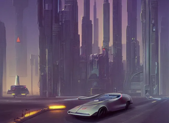 Image similar to a car driving down a street next to tall buildings the night at noon, cyberpunk art by Chesley Bonestell, cgsociety, retrofuturism, matte painting, reimagined by industrial light and magic