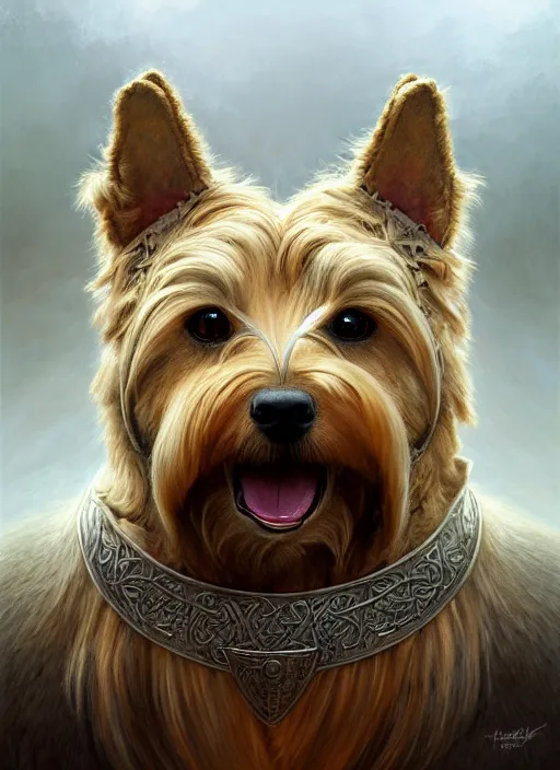 Prompt: norwich terrier as anviking, aesthetic, fine art, intricate, elegant, highly detailed, realistic hair, centered, digital painting, art station, conceptual art, soft, sharp focus, illustration, artwork, artgerm, tomasz alen kopera, peter mohrbacher, donato giancola, wlop, boris vallejo