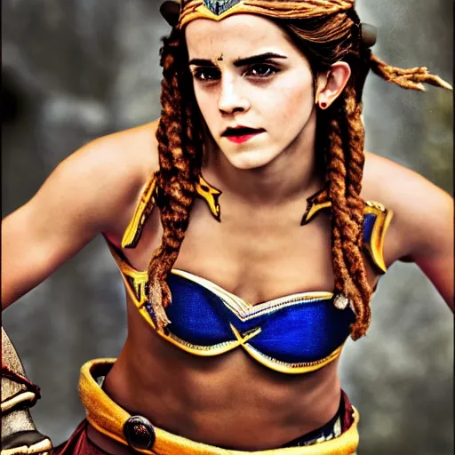 Image similar to Emma Watson modeling as Urbosa from Zelda, (EOS 5DS R, ISO100, f/8, 1/125, 84mm, postprocessed, crisp face, facial features)