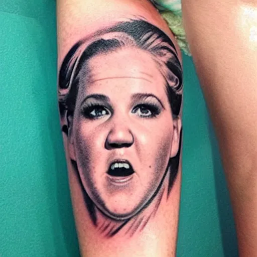 Image similar to tattoo of a violently drunk amy schumer