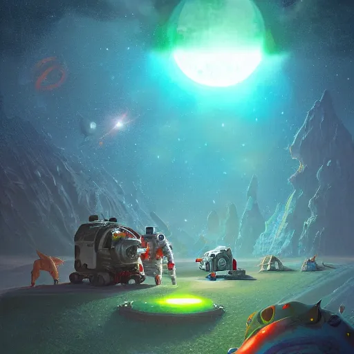 Image similar to Astronauts are having a party with green aliens and some dinosaurs on a blue comet and a red dwarf is as background, by Jordan Grimmer digital art, trending on Artstation,