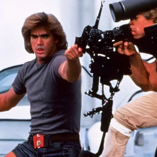 Prompt: still photo from the filming of the best 8 0's action movie