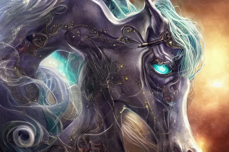 Image similar to a wlop 3 d render of very very very very highly detailed beautiful mystic portrait of a phantom undead horse with whirling galaxy around, tattoos by anton pieck, intricate, extremely detailed, digital painting, artstation, concept art, smooth, sharp focus, illustration, intimidating lighting, incredible art,