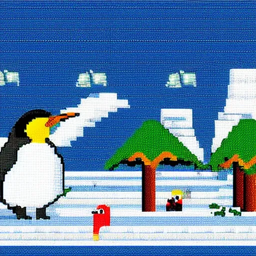 Image similar to arctic landscape, 8 bit pixel art, penguin, hut