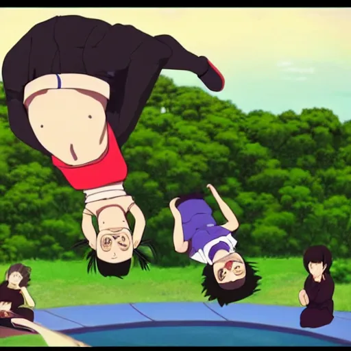 Prompt: backflip school girls made by Studio Ghibli highly detailed art, beautiful scene, sharp focus, smooth, 8k, anime screencap, official media