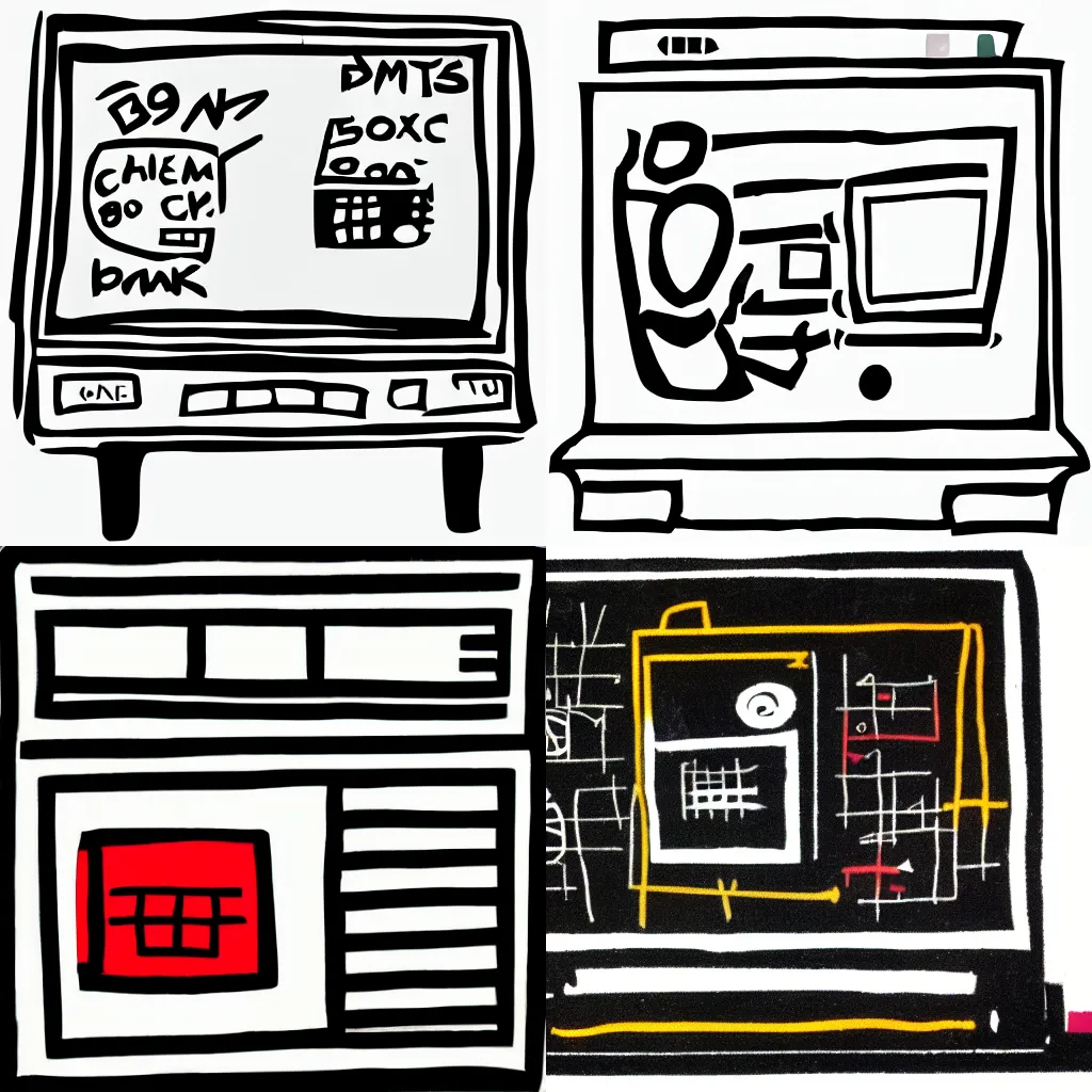 Prompt: a black pen and ink style boxy computer monitor from the 1 9 9 0 s, clipart icon, jean michel basquiat, minimal