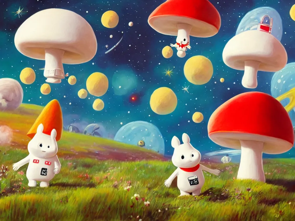 Prompt: moomins in space suits flying around with jetpacks discovering the mushroom planet, looking cute, photorealistic painting, movie still, warm colors, fluffy, cozy, low light, trending on artstation