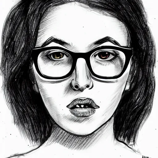 Prompt: a nerdy young woman from berlin with big glasses, character portrait, ink drawing, black and white, concept art by guy davis