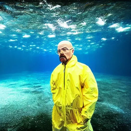 Prompt: walter white in a castle underwater, photo, deep sea, colorful