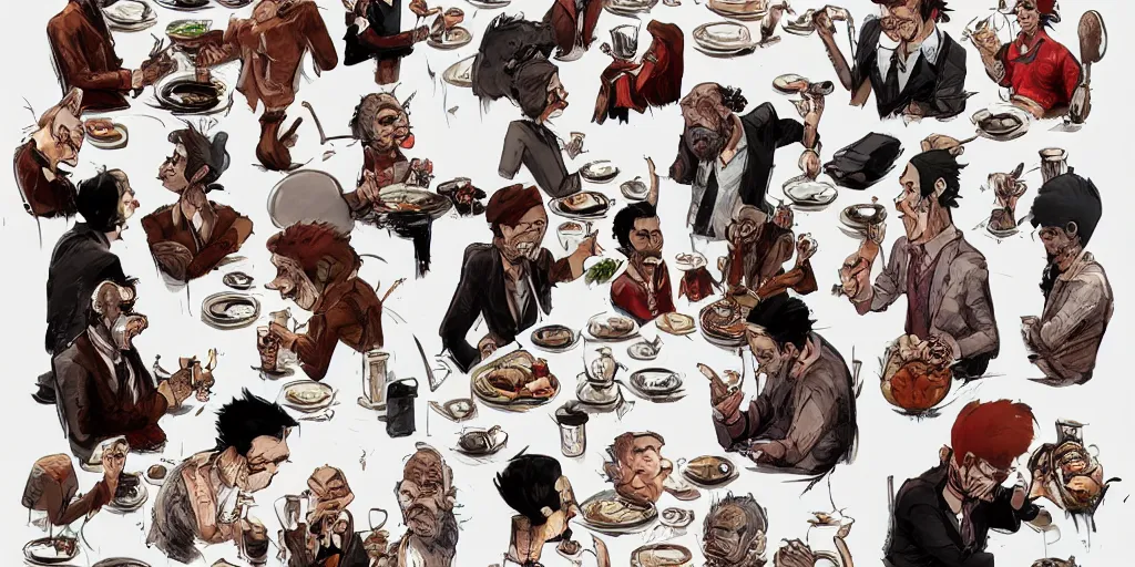 Prompt: cartoonish many sides of nick cave eating dinner, vivid colors, character sheet, fine details, concept design, contrast, kim jung gi, greg rutkowski, trending on artstation, 8 k, full body, turnaround, front view, back view, ultra wide angle