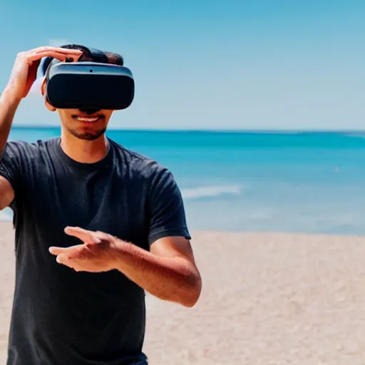 Prompt: a man wearing a vr headset on the beach while throwing a frisbee