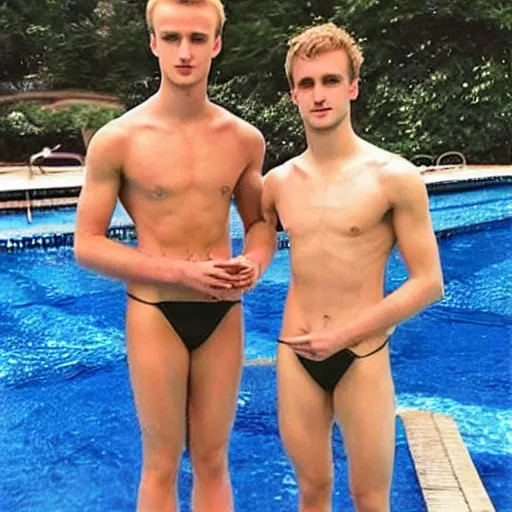 Image similar to “a realistic detailed photo of a guy who is an attractive humanoid who is half robot and half humanoid, who is a male android, British diver Jack Laugher & Chris Mears, shiny skin, posing like a statue, blank stare, by a diving pool, on display”