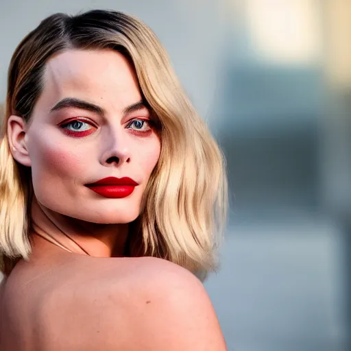 Image similar to a beautiful medium - shot of margot robbie, harley queen, beautiful natural backlight, bokeh, by terry richardson