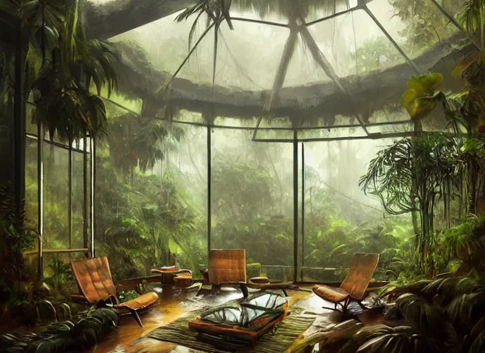 Image similar to a beautiful painting of the interior of a geodesic house in a moist tropical rainforest, living room, by greg rutkowski, realism, artstation, nature