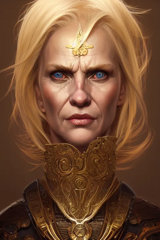 Image similar to portrait of a middle aged blonde haired woman in the style of god of war, golden machine parts, intricate, elegant, highly detailed, digital painting, artstation, concept art, smooth, sharp focus, illustration, art by artgerm and greg rutkowski and alphonse mucha, 8 k