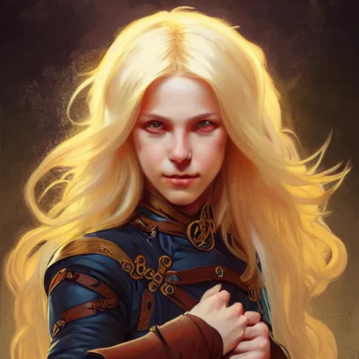 Image similar to an epic fantasy comic book style portrait painting of a young blonde girl thief, d & d, fantasy, joyful smirk, intricate, elegant, digital painting, artstation, concept art, matte, sharp focus, illustration, art by artgerm and greg rutkowski and alphonse mucha